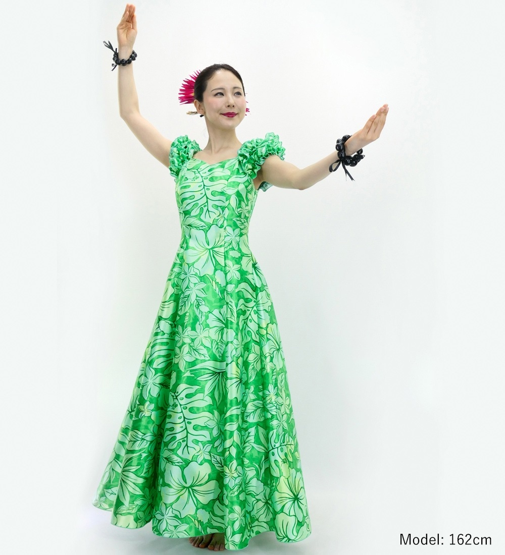 ロング丈】 フラドレス ギャザーフリル パフスリーブ ハワイアン