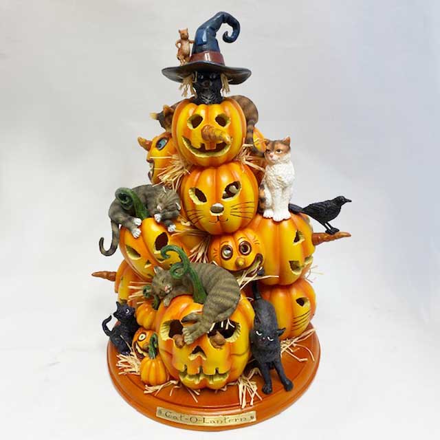 ハロウィン 猫フィギュア付きかぼちゃ型ランプ Cat-O-Lantern by