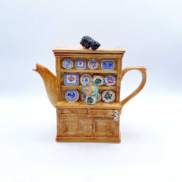 Swinside ティーポッタリー 黒白猫のいる食器棚型ティーポット 1992年