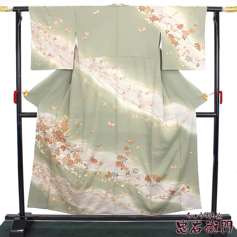 中古】 訪問着 レディース 正絹 薄緑 華やか 花柄 金彩 身丈158.5cm 裄