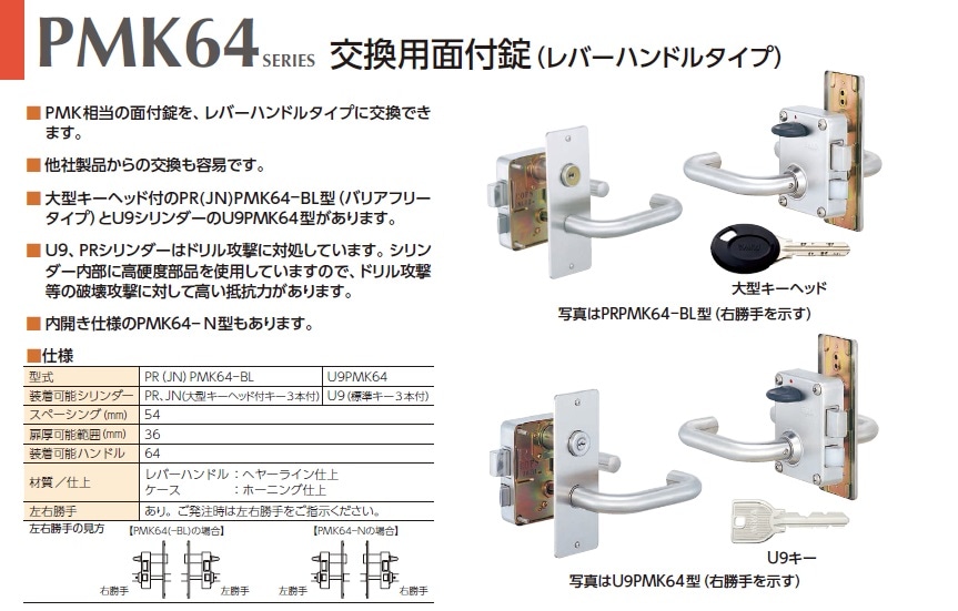 MIWA U9 PMK64-BL 美和ロック 交換用面付錠（レバーハンドルタイプ