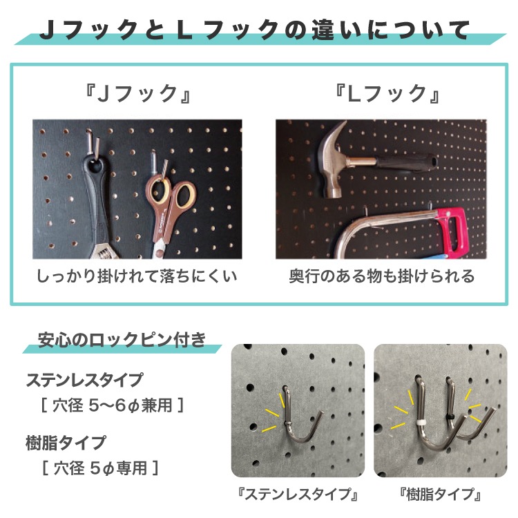 有孔ボード Lフック PP樹脂製ロックピン付 【5個セット】 ※穴径 5mm