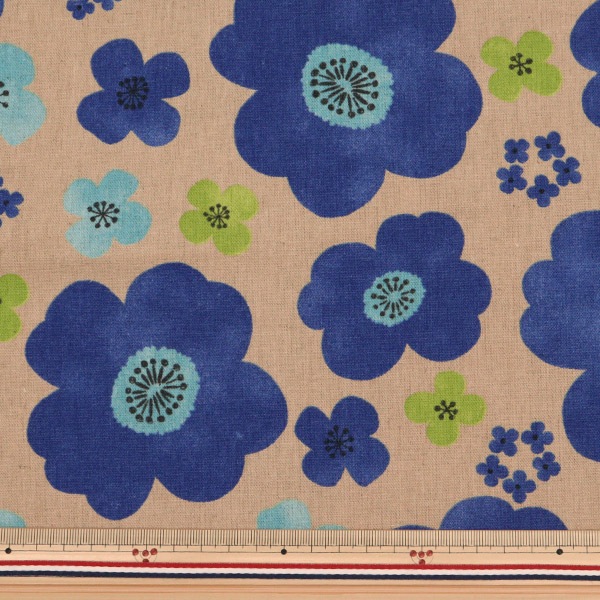 数量5から】 生地 『綿麻キャンバス フラワー ベージュ×ブルー SK-5400