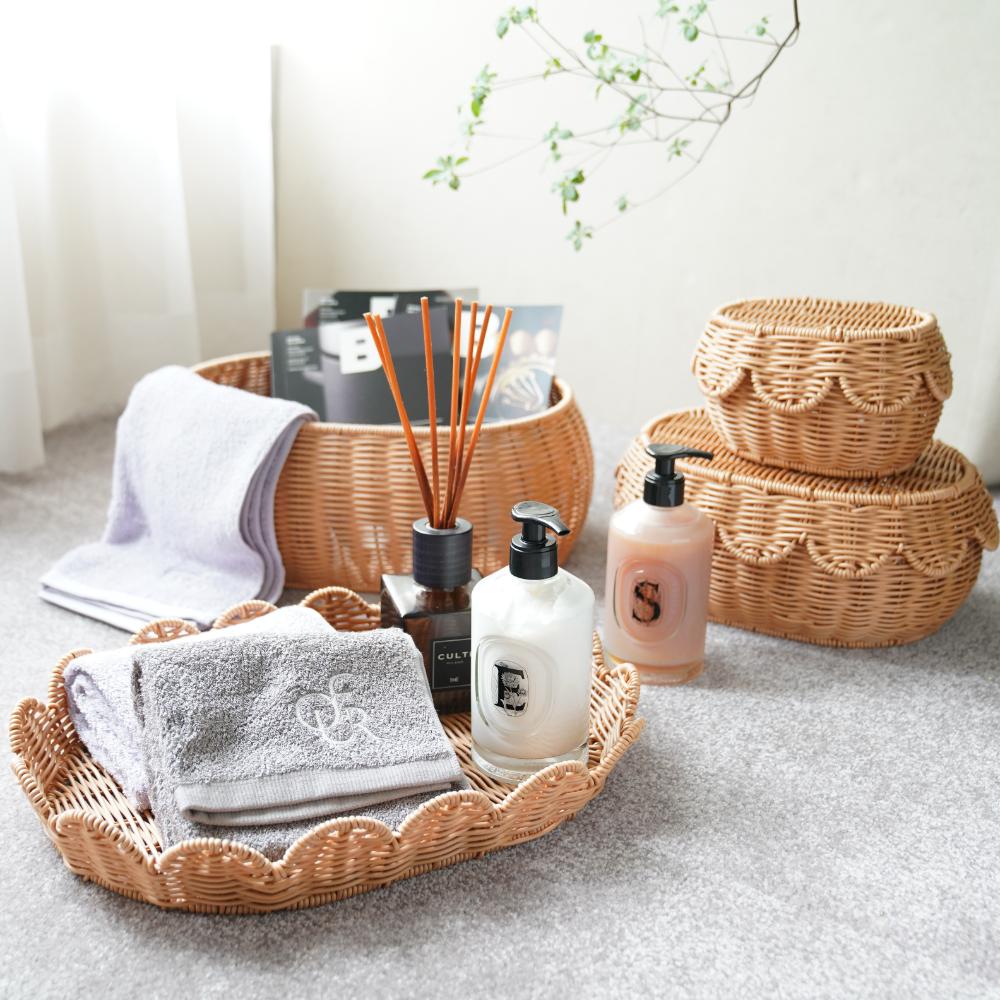 2WAY洗える収納 スカラップラタンバスケット&トレイ M ｜ 四季折々の