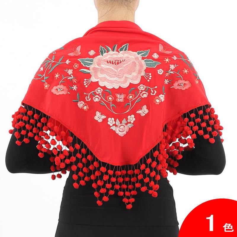 フラメンコ | マントンサイズの大判ショール[三角形]赤い花柄 白