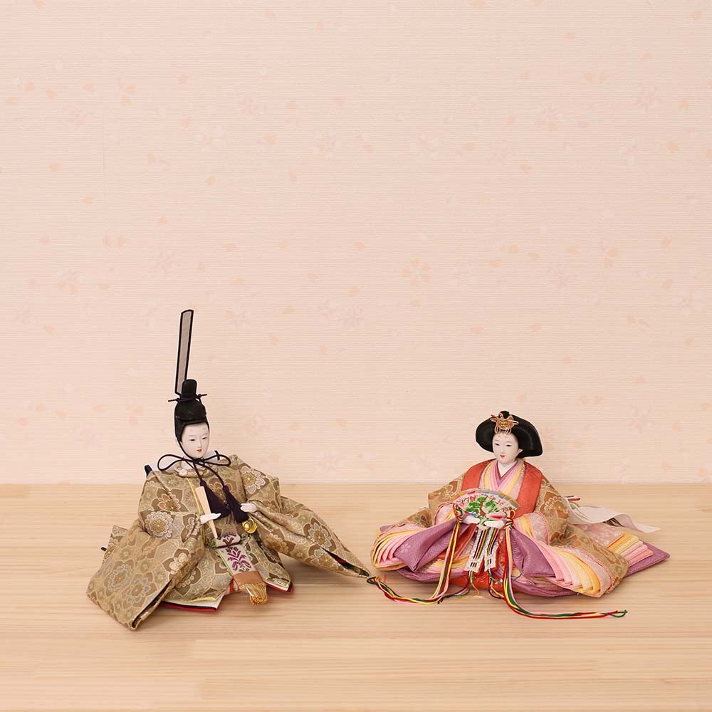 雛人形 新古今雛 正絹帯 小三五親王飾り 二曲一双モスグリーン屏風