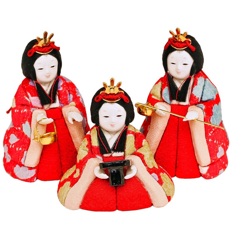 雛人形 工房天祥 木目込み こひな 三人官女 正絹裂地 赤桜 横幅6～8cm