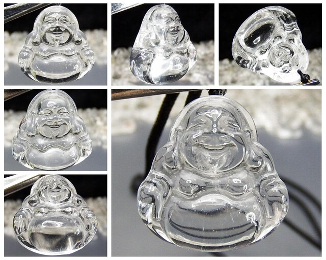 天然石水晶布袋様彫り品小サイズペンダントトップ黒紐ネックレス御守り