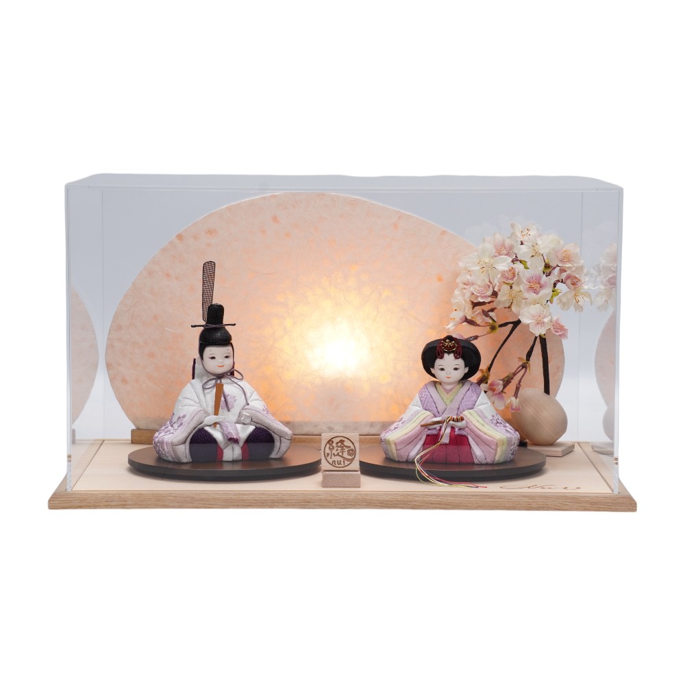 木目込み雛人形】刺繍(白・紫暈し) 枝桜 親王揃いアクリルケース飾り