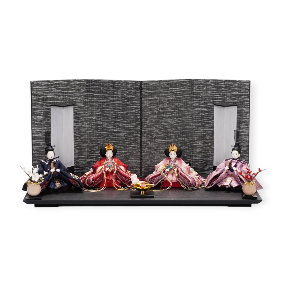 雛人形】「葵」 麻の葉に刺繍桜(紺・赤)×麻の葉に刺繍桜(紫) 双子飾り