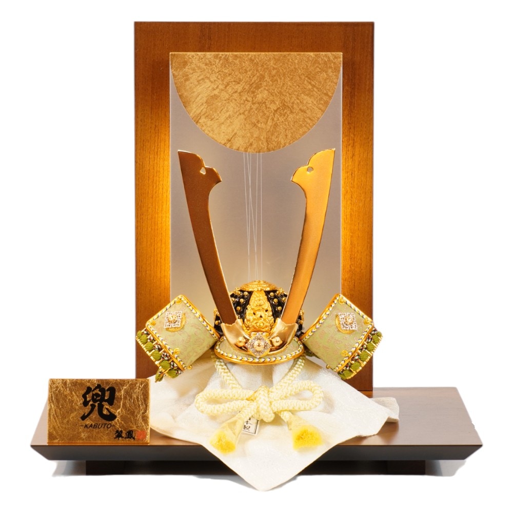 芳寿京華落款5月人形兜13号総金具兜緑糸中鍬型弓太刀付豪華絢爛