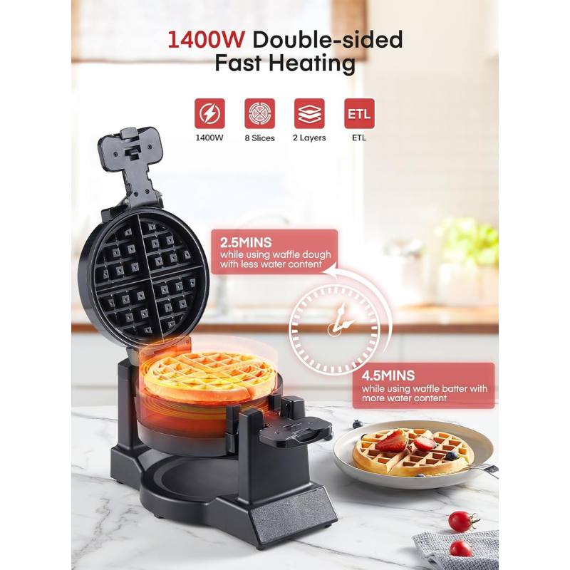 FOHERE ワッフルメーカー ダブル ベルギーワッフル 1400W 180度回転