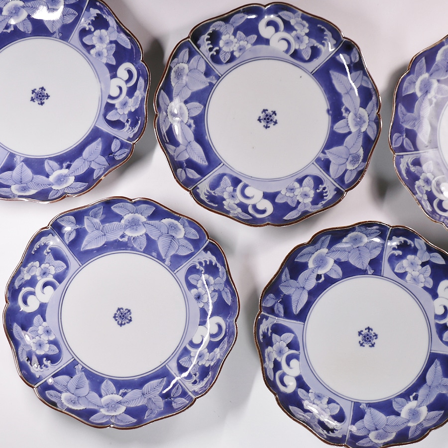 江戸時代 藍柿右衛門 染付 波花文 銹釉口 皿 5客