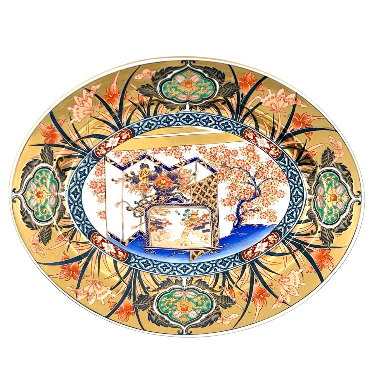 限定品】金襴手菖蒲桜花紋楕円盛皿(化粧箱入)【林九郎窯】｜創亭やぶき