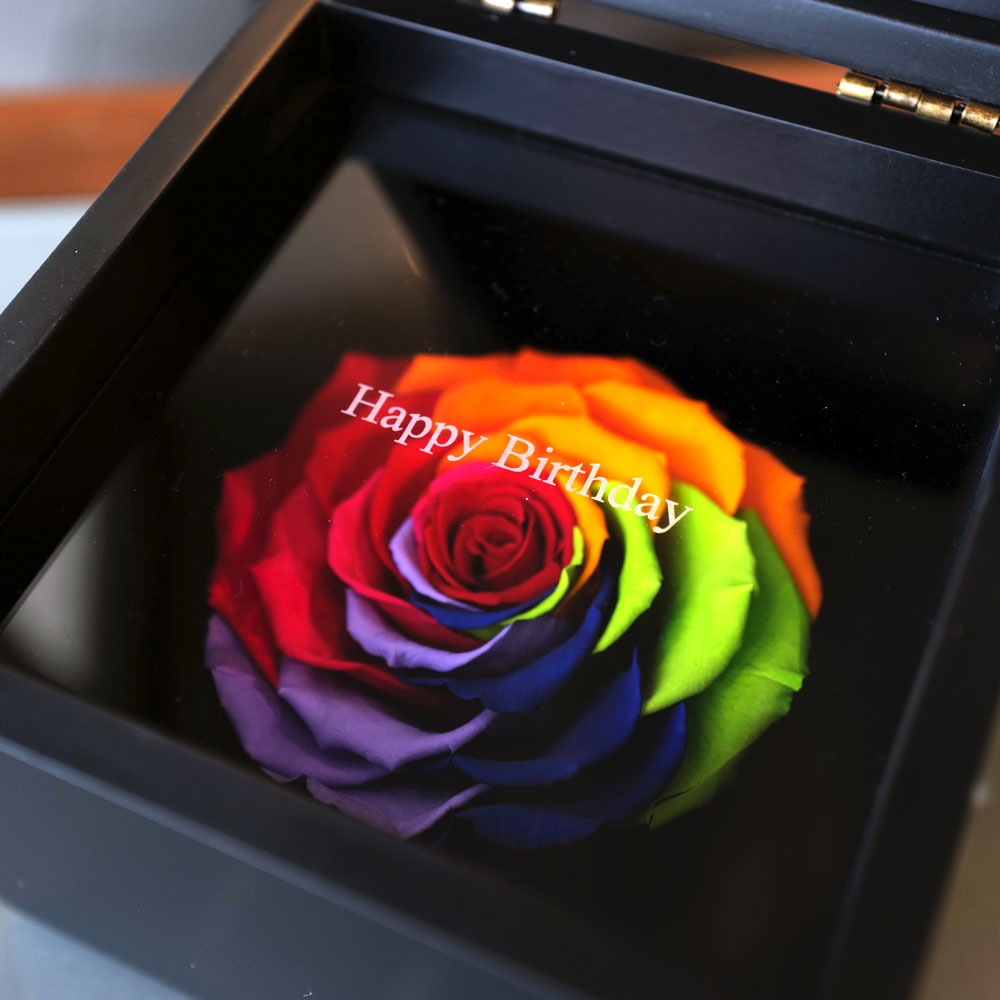 レインボーローズ1輪 プリザーブドフラワー BLACK CUBE BOX
