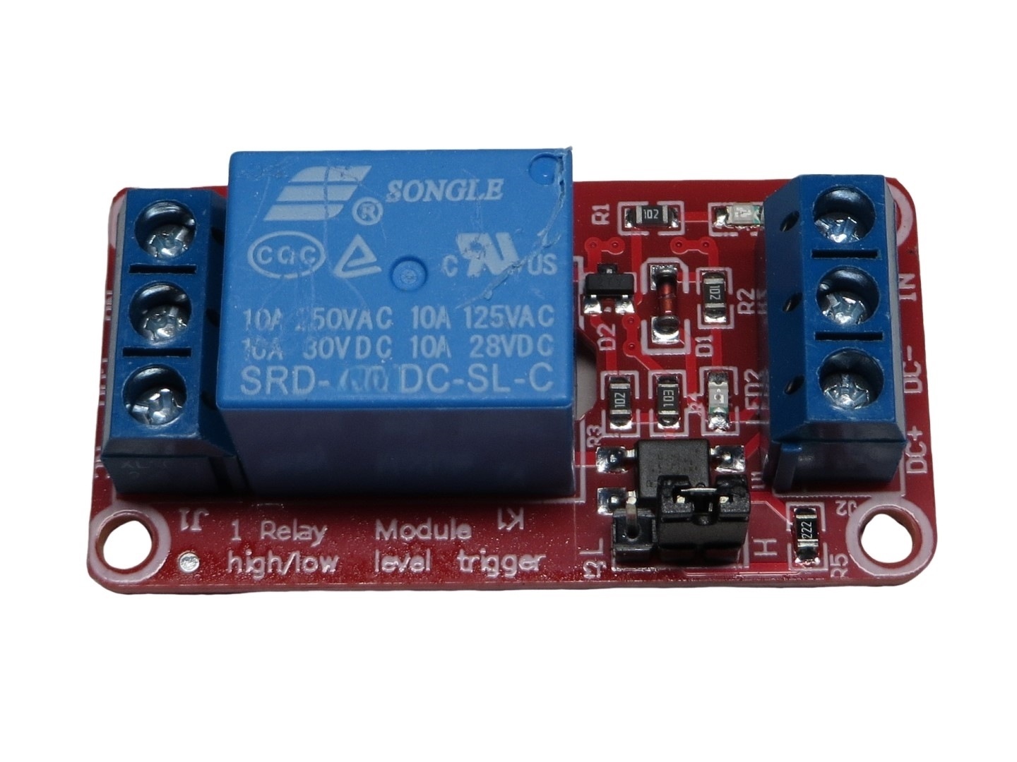 汎用リレーモジュール DC-5V 1個 1ch トリガー信号電圧レベル切替