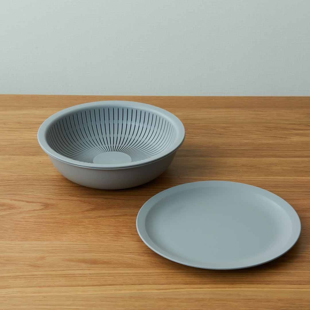 like-it】 米とぎにも使えるザルとボウル浅型・プレートセット グレー
