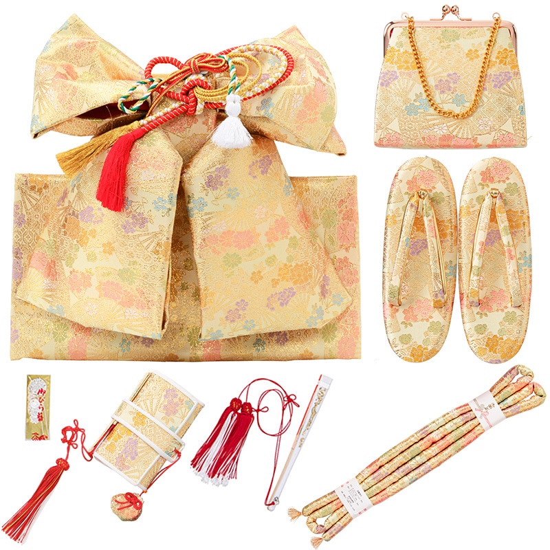 七五三女の子小物 結び帯はこせこ 7点セット 7才 5才 3才 金 赤