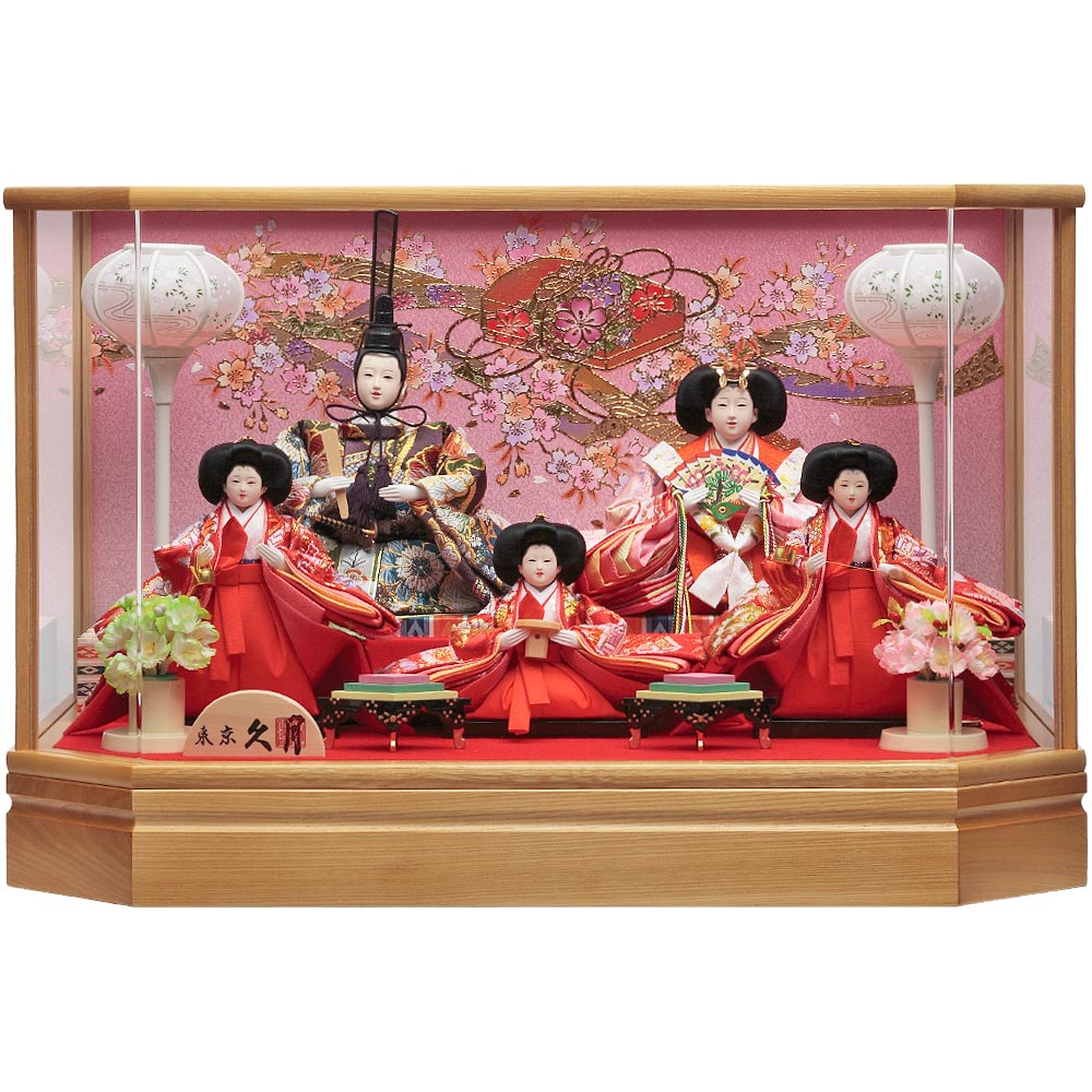お雛様 ガラスケース入り 雛人形十五人 コンパクト 高さ71cm 巾74奥行