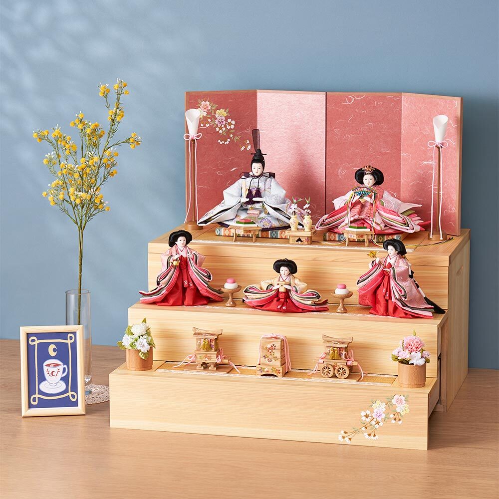 収納三段 親王官女飾り 銘木シリーズ 檜 引き出し式 4HR-N51-Z