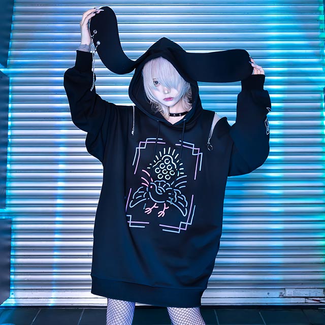 麻雀うさ耳パーカー【BLACK】｜LISTEN FLAVOR(リッスンフレーバー