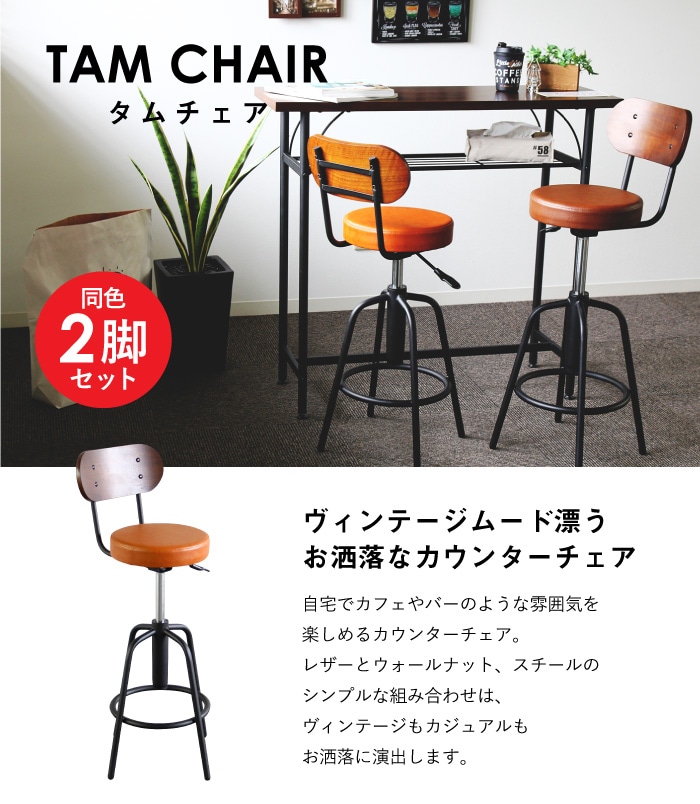 カウンターチェア 2脚セット 背もたれ付き バーチェア スツール TAM