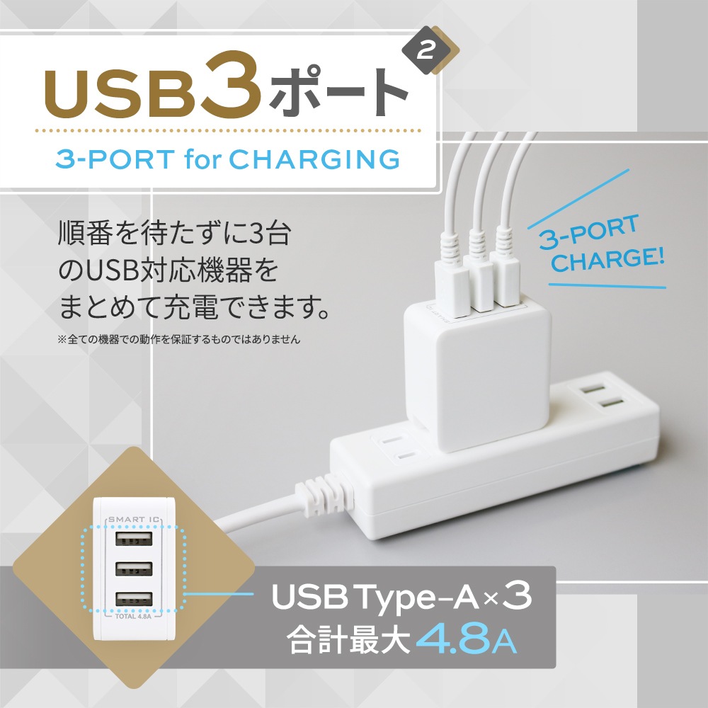 USB Type-A×3ポートAC充電器 (OWL-ACU348AS) | 充電器,USB-A出力