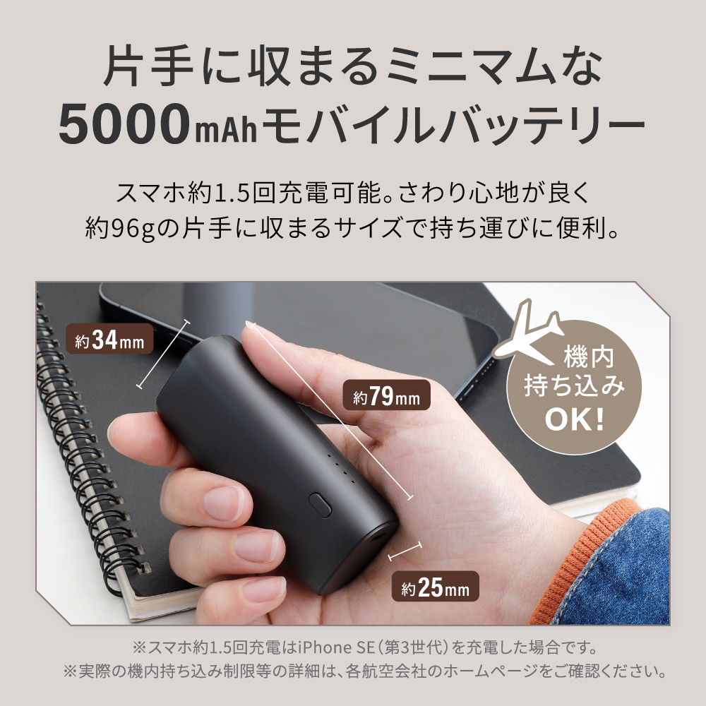 片手に収まるミニマム感 5000mAh 最大PD20W対応 USB Type-C入出力／USB