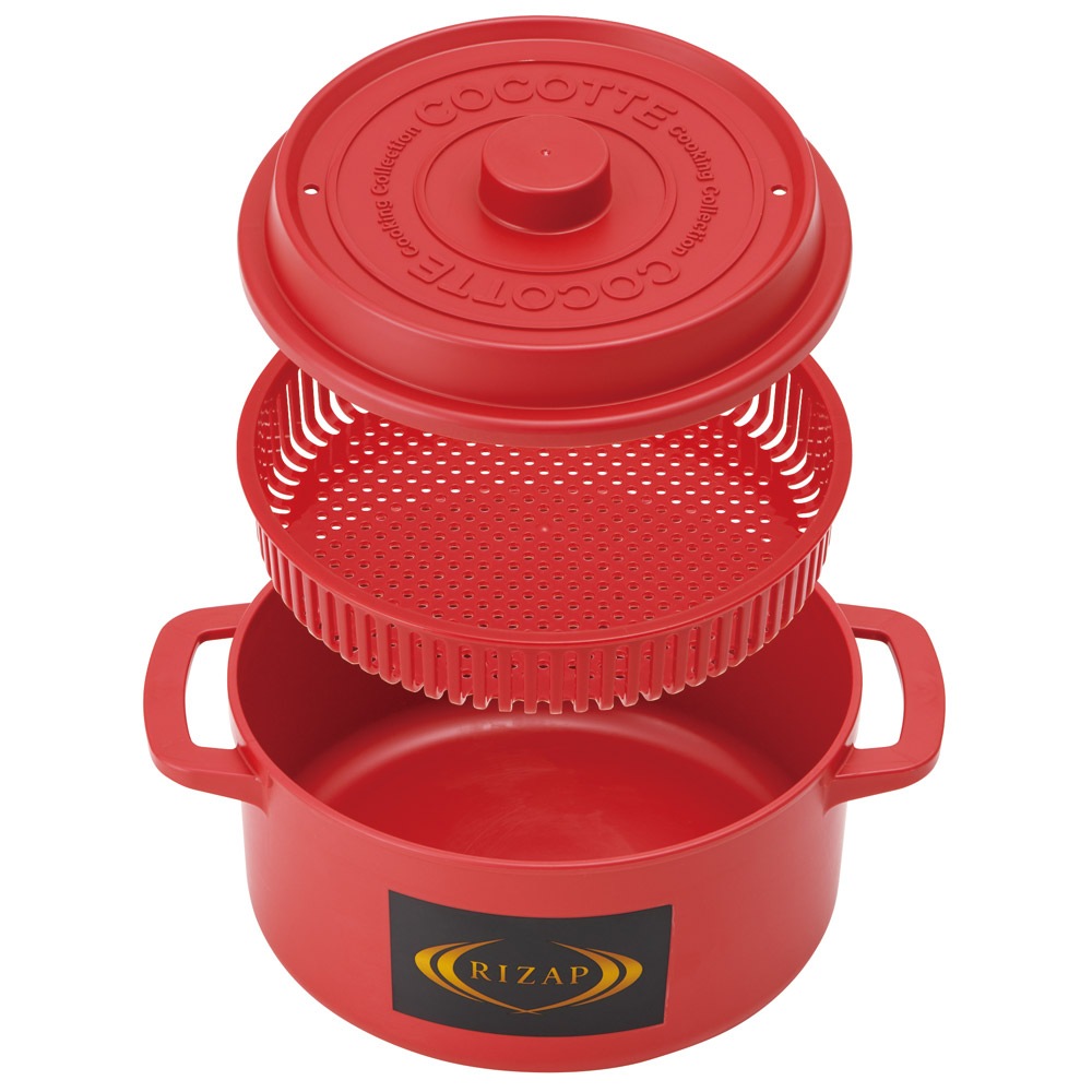 ココット風 電子レンジ用 ザル付き鍋 1.6L 赤 レッド 電子レンジ調理器