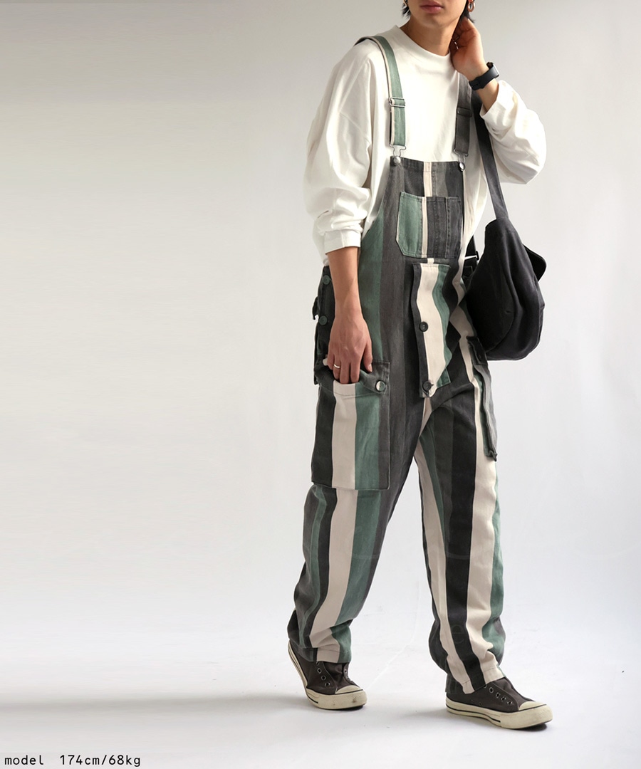 サロペット メンズ ロング ボトムス ストライプ柄 送料無料・再販