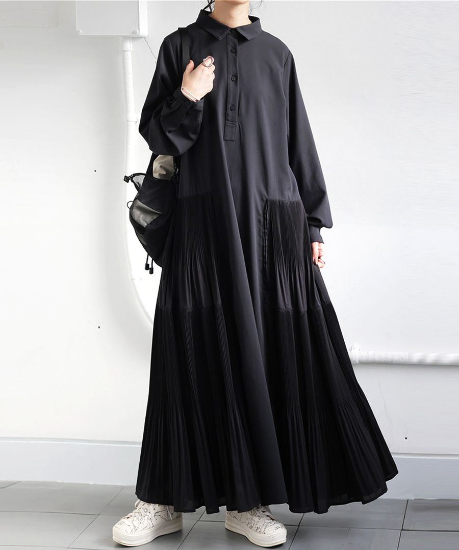 プリーツ切替 ワンピース レディース ロング 長袖 送料無料・再入荷