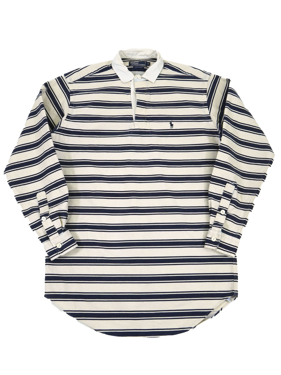 ラルフローレン 白x紺 ランダムボーダー ラウンド型 ラガーシャツ 表記