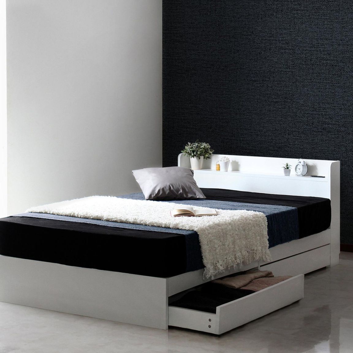 シングル】ヘッドボード付き 引出し収納ベッド/ラテ【Latte】｜ベッド