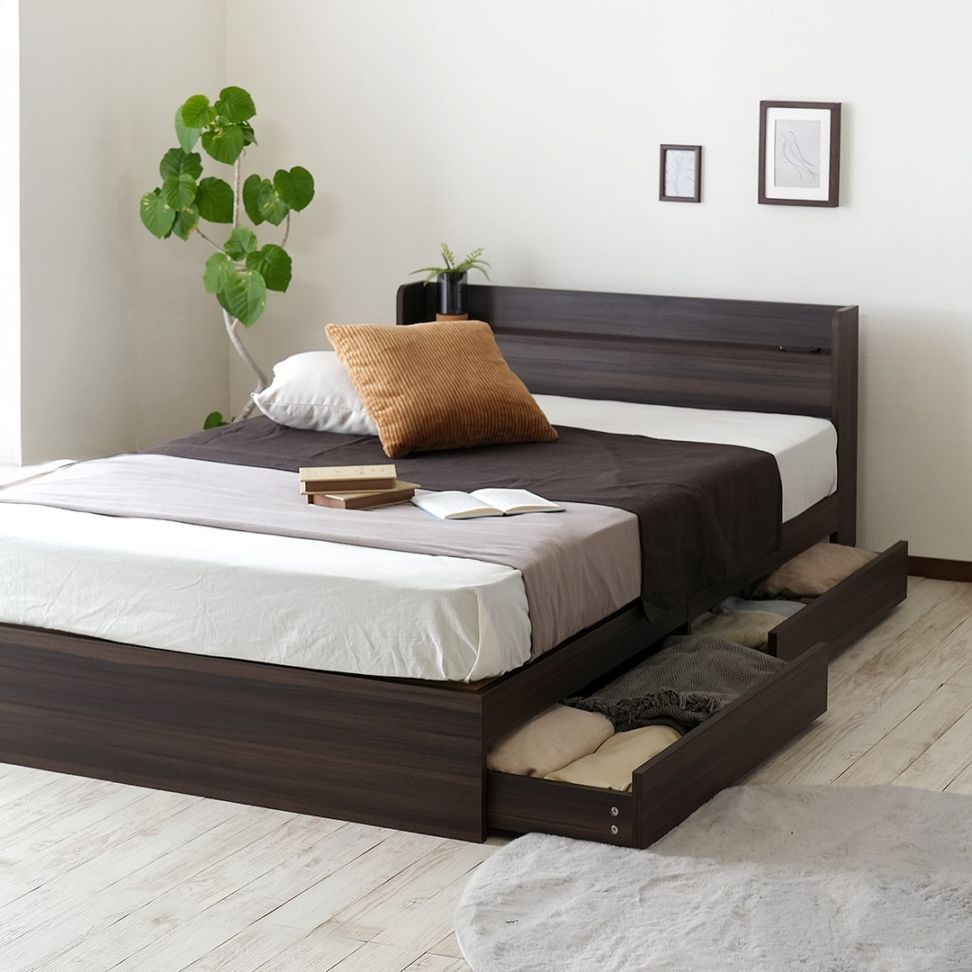 ダブル】ヘッドボード付き 引出し収納ベッド/ラテ【Latte】｜ベッド
