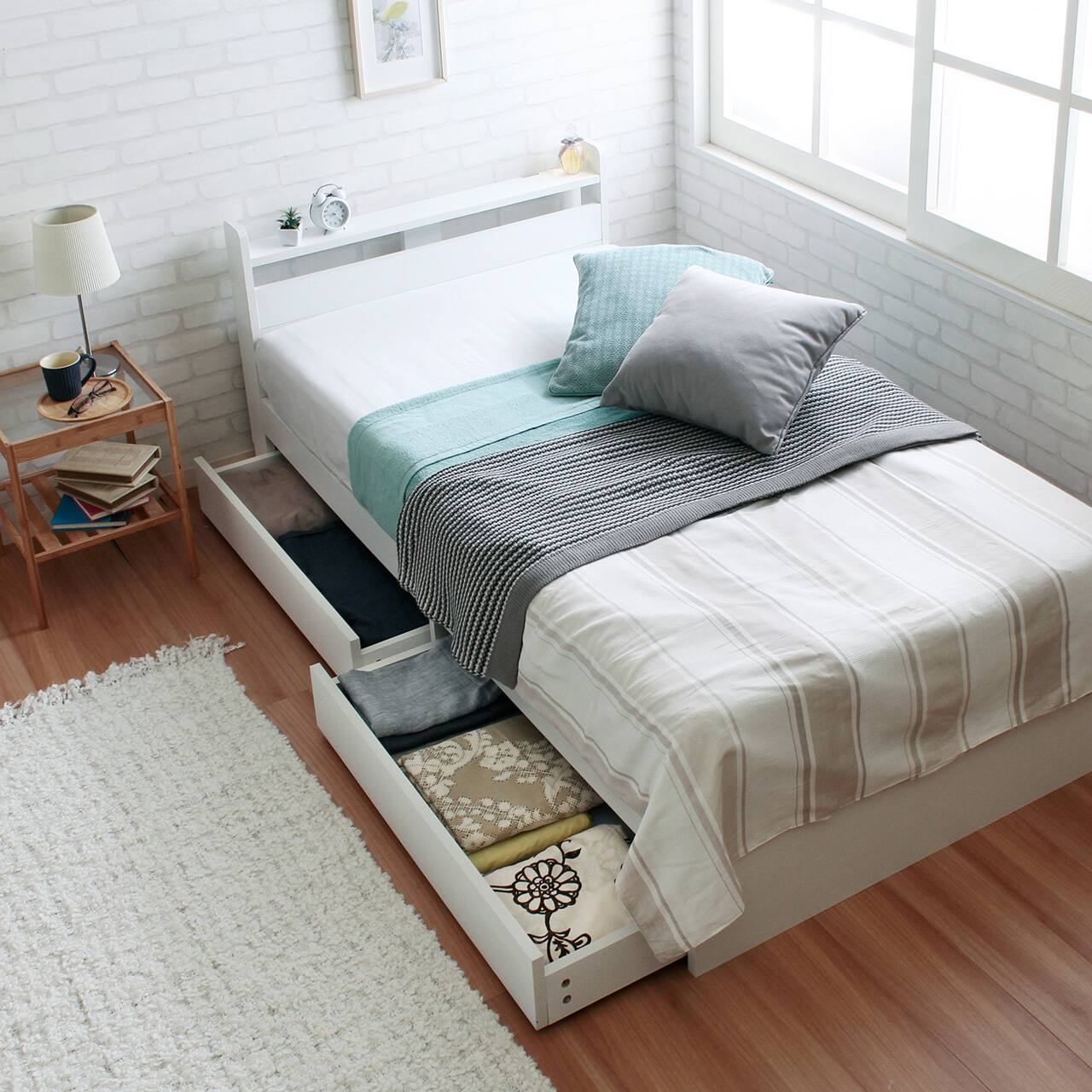 シングル】ショートベッド 隠せる収納付き 棚付き/スティナ【Stina