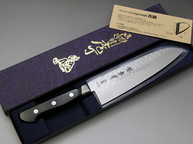 堺孝行 青紙本割込鍛造鎚目 三徳包丁 ツバ付