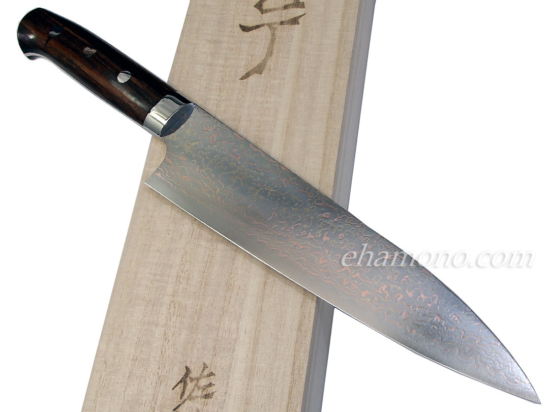 佐治武士作 V金10号W有色ダマスカス 牛刀210 アイアンウッドハンドル