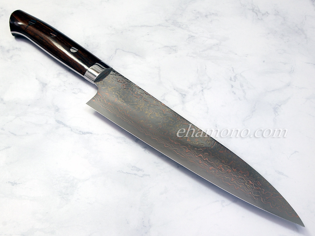 佐治武士作 V金10号W有色ダマスカス 牛刀210 アイアンウッドハンドル