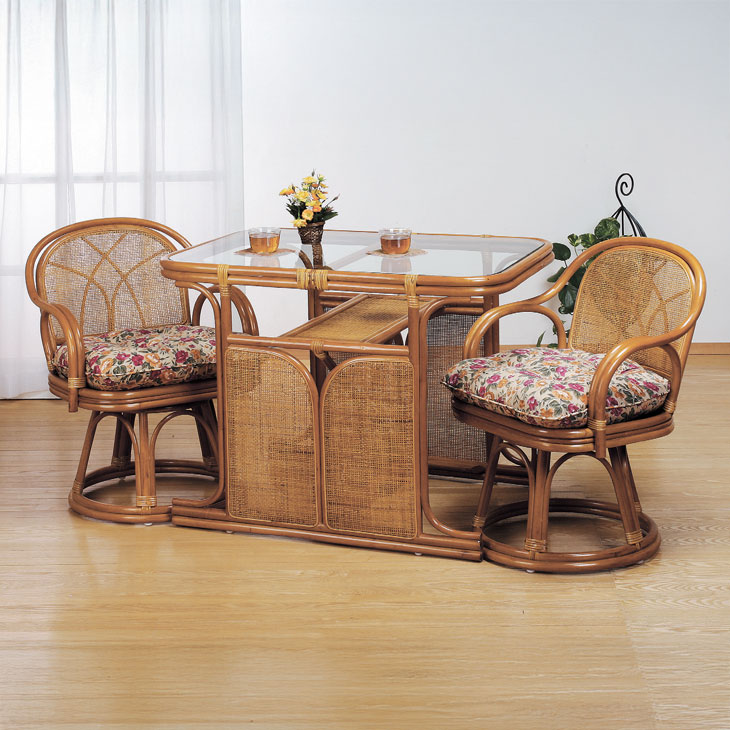 天然籐ダイニング3点セット 回転高座椅子2脚＋ガラストップテーブル