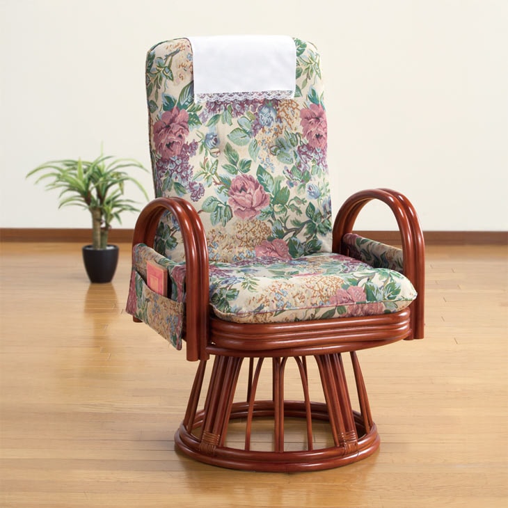 天然籐 リクライニングハイバック回転座椅子 サイドポケット付き ハイ