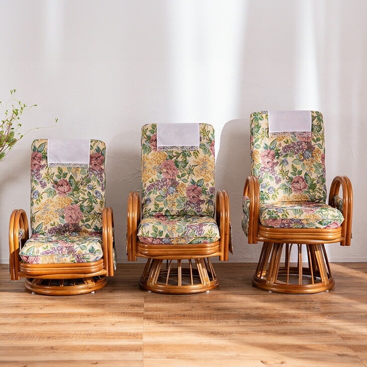 天然籐 リクライニングハイバック回転座椅子 サイドポケット付き