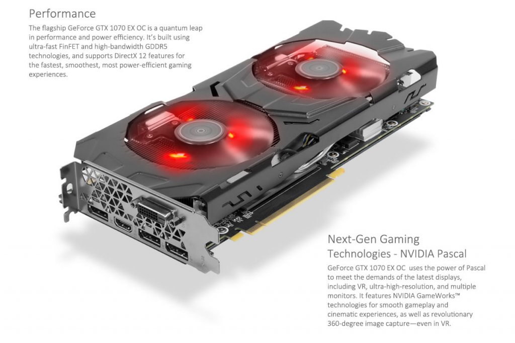 赤く光る10cmデュアルファンベースの独自クーラー採用GEFORCE GTX 10