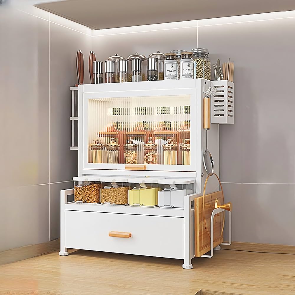 Amazon｜調味料収納ラック引き出し付き多機能キッチン収納ラック扉付き