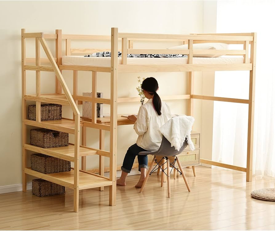 Amazon｜ロフトベッド 天然木 木製 2段ベッド 収納棚+階段+コンセント+