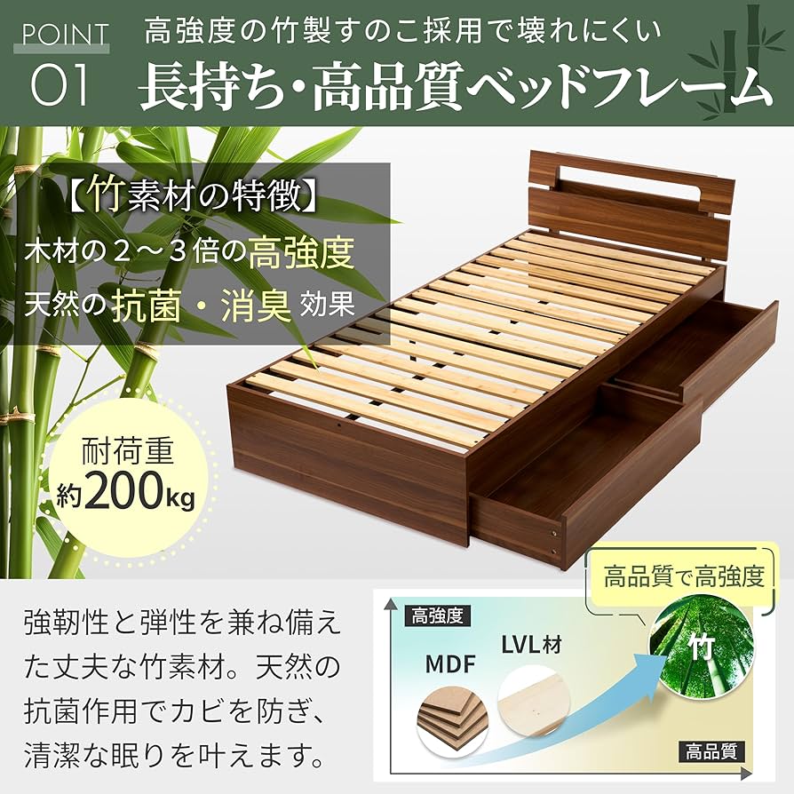 Amazon｜GOKUMIN ベッド シングル すのこベッド【 竹素材/大容量収納