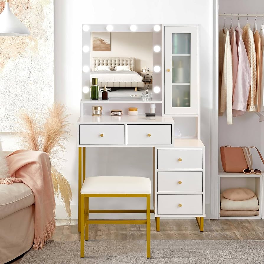 Amazon｜ドレッサー 鏡台 化粧台 コスメ台 LEDミラー LEDライト付 女優