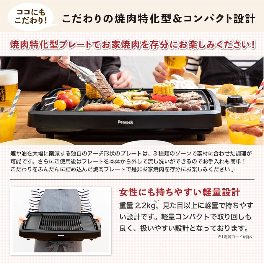 Amazon.co.jp: ピーコック 焼肉プレート 煙が出にくい 電気焼肉器 煙約