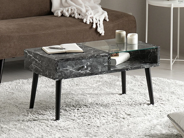 幅80cm センターテーブル 大理石/モルタル調 天然木脚 強化ガラス 収納