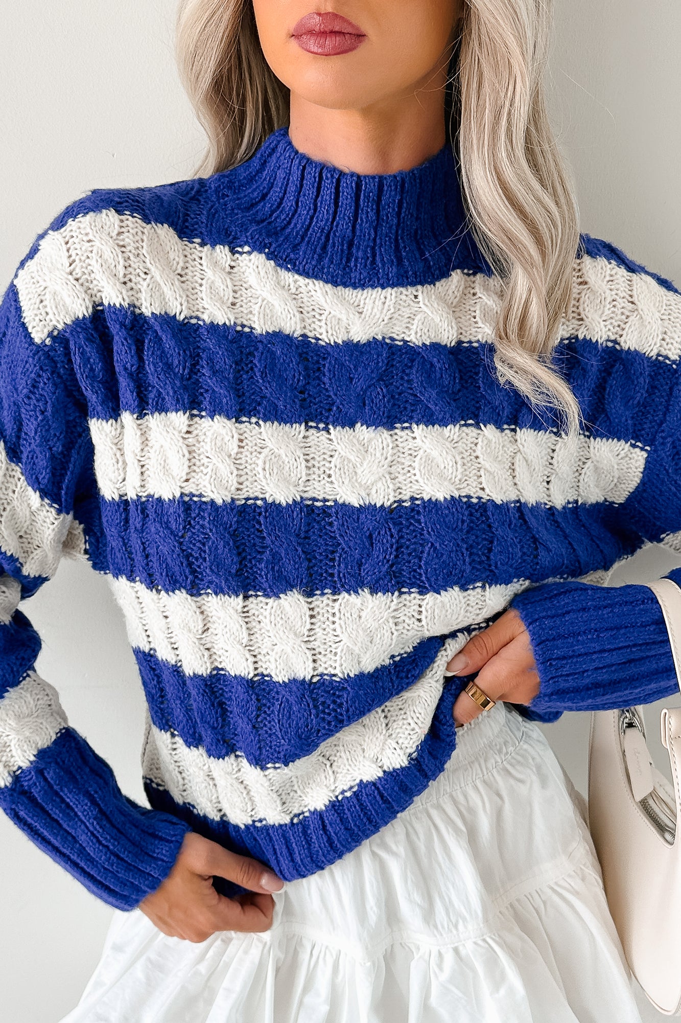 Restful Rhythm Cable Knit Striped Sweater (Royal) · NanaMacs