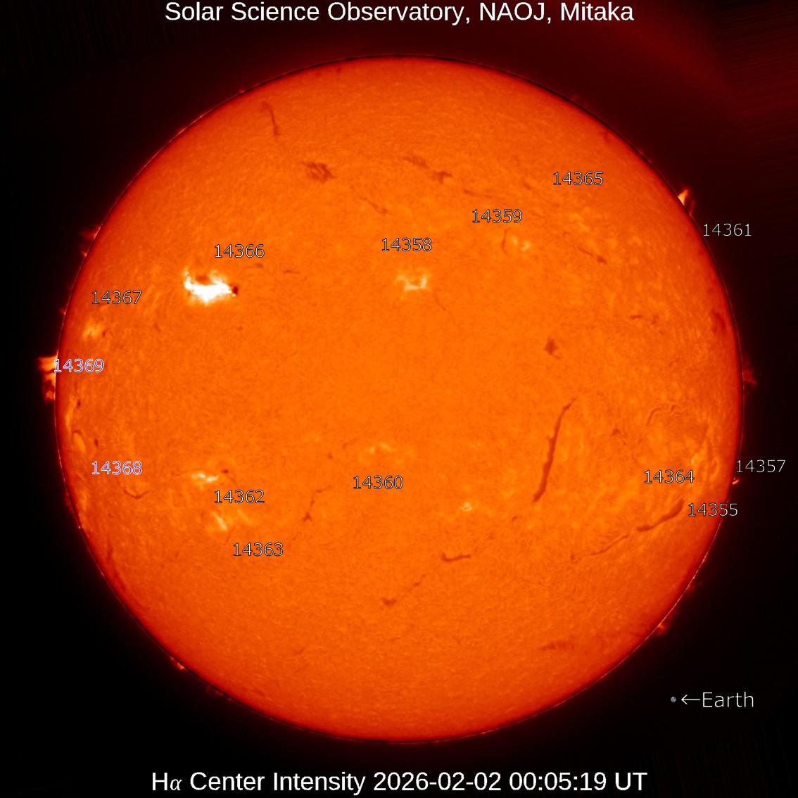 本日の太陽】2026-2-2のHα線全面像 14366でX8.1、X2.8の大規模フレアが